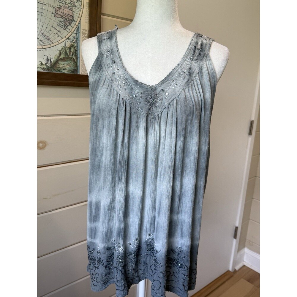 Advance Apparels Sleeveless V-Neck Tunic Top Gray Tie Dye Embroidered L/XL Fairy